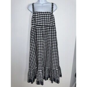 J. Crew Gingham Dress Women 14 Black White Tie Strap Midi Eyelet Trim Cottage